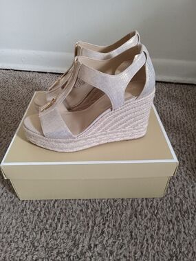 Michael Kors Beige Espadrille Wedge Sandals with Gold Zipper